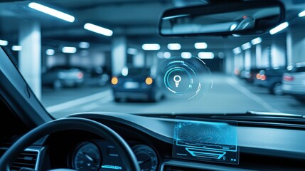 Aufkleber - Sophisticated car security system view from windshield in underground parking garage with golden ratio elements