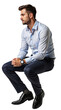 © Michael - A sitting young man wearing a blue shirt and black pants, isolated over transparent background, PNG, cutout ready for architectural visualisation