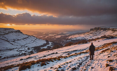 Poster - Man stands on a snowy hill, looking out at the beautiful landscape. The sky is filled with clouds, and the sun is setting, casting a warm glow over the scene. The man is enjoying the peacefulness of