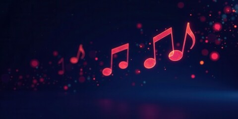 Wall Mural - ethereal red musical notes floating in a dark blue space with sparkling dust