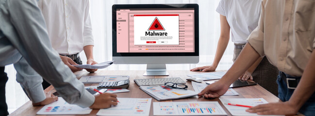 Leinwandbilder - Cyber attacking concept. Malware alert showing on computer screen display scam and threat detection on computer system or online server to be removed brisk.