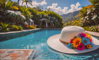Fototapete - White hat with flowers on it is floating in a pool. The hat is placed on the edge of the pool, and the flowers are scattered around it. Concept of relaxation and leisure, as the hat