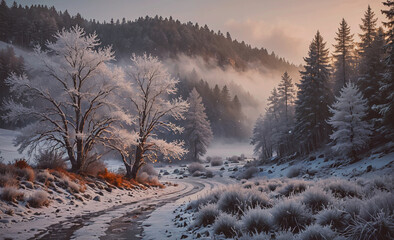 Poster - Serene winter landscape with a snow-covered road and trees. The snow-covered ground and trees create a peaceful and tranquil atmosphere