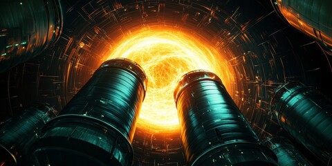Canvas Print - a captivating view of a futuristic energy source, featuring metallic cylinders converging towards a 