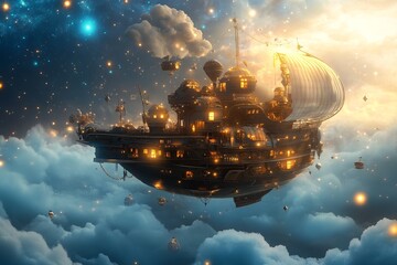 Wall Mural - a ship is floating in the sky above a city