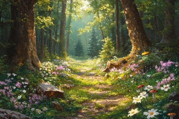 Wall Mural - sunlit path meanders through a lush, enchanted forest, wildflowers blooming along the way.