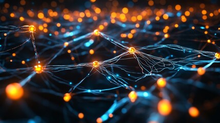 A computer generated image of a network of orange and blue dots. Concept of complexity and interconnectedness, as the dots are arranged in a web-like pattern