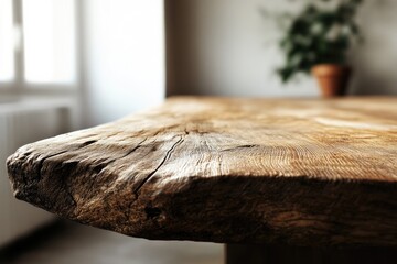 Fototapete - Rustic wooden table, showcasing natural wood grain and texture, with a blurred background.