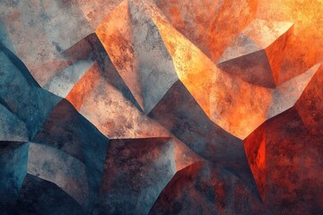Aufkleber - Abstract polygonal art with textured surfaces in shades of orange, blue, and brown.