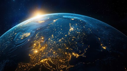 Aufkleber - A beautiful view of the Earth at night, with the sun setting in the background