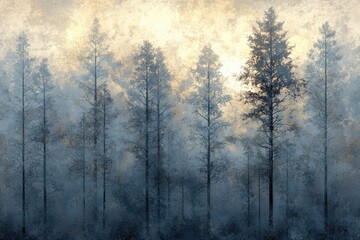 Naklejka na meble Misty forest scene at dawn, tall trees silhouetted against a soft golden light.