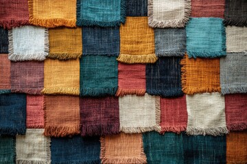 Aufkleber - A patchwork of textured, fringed fabric squares in earthy tones, creating a rustic and warm aesthetic.