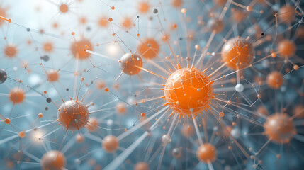 Abstract network connection with orange and white spheres on light background symbolizing communication, teamwork, and data.