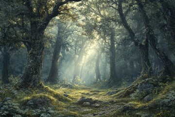 Wall Mural - sunbeams pierce a mystical forest path, illuminating ancient trees and mossy ground. a magical, sere