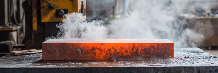 Poster - Red hot metal billets cool in water creating steam in a bustling workshop filled with tools and equipment