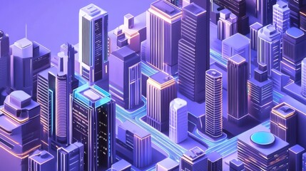 Aerial View of a Futuristic Urban Cityscape Featuring Modern High-Rise Buildings at Night