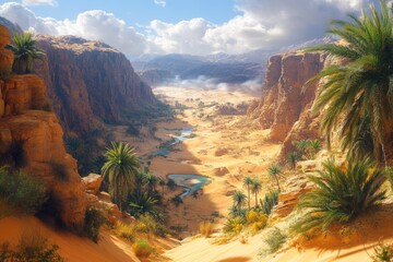 Aufkleber - Serene oasis nestled within towering sandstone cliffs, a desert river winds through the valley.