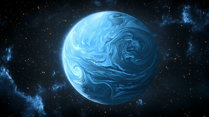 a blue planet with swirling clouds, lit by stars in a vast, dark, nebulous space. nebulous. illustra