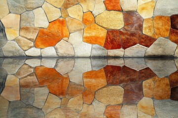 Poster - Irregular shaped stones in warm tones create a wall reflected in still water.