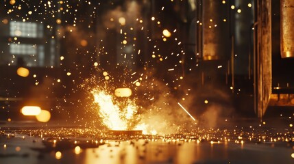 Aufkleber - Molten metal pours into casting molds, igniting sparks and flames in an industrial setting filled with massive columns