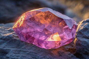 Poster - A large amethyst geode rests on a gray rock, illuminated by warm sunlight, showcasing its intricate purple crystalline structure.