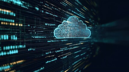 Abstract Digital Cloud Computing Design With Blue Glowing Lines and Pixels