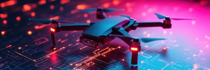 Fototapete - Mini drones with innovative attachments create stylish hair designs against a vibrant cyber background with neon circuit patterns