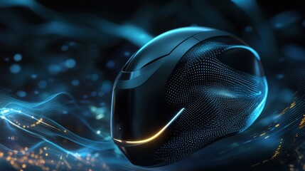 Aufkleber - Smart neurostimulation helmet for hair growth emitting gentle light, surrounded by animated wave signals and abstract forms in a visually striking design
