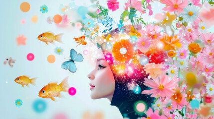 Aufkleber - Colorful depiction of a woman surrounded by flowers and butterflies in a dreamy landscape