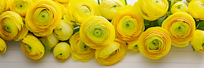 Poster - Vibrant yellow ranunculus flowers arranged elegantly on a white surface, showcasing their unique shapes and textures