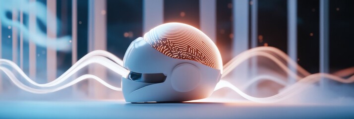 Aufkleber - Smart neurostimulation hair growth helmet with gentle light and abstract wave signals in a futuristic setting