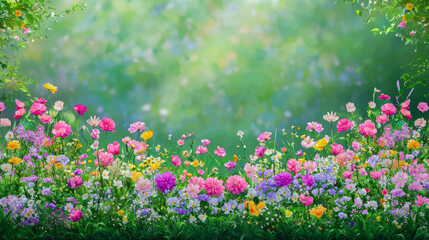Aufkleber - Colorful flower garden blooming in spring sunlight, showcasing vibrant petals and lush greenery