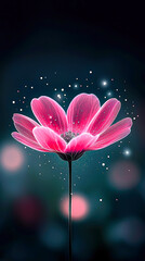 Poster - A bright pink flower stands tall with translucent petals shimmering amidst a dark backdrop, creating a peaceful atmosphere