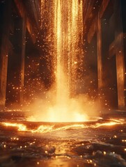 Aufkleber - Molten metal flows into casting molds in an industrial environment creating an intense atmosphere filled with sparks and flames