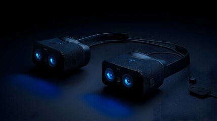 Futuristic VR headsets on dark surface, blue light reflection, technology background, for tech website