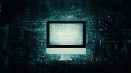 Aufkleber - Simple white computer icon on an abstract digital background representing technology and data processing with space for text inclusion