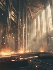 Aufkleber - Molten metal pours into casting molds, creating an intense industrial atmosphere with sparks and flames in a massive hall