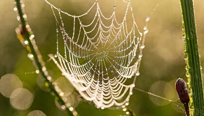 A close-up of a dew-covered spiderweb in the morning sun.