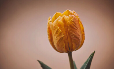 Poster - Single yellow flower with a droplet of water on it. The flower is the main focus of the image