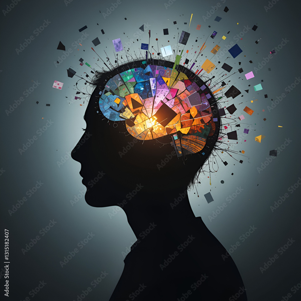 a dark silhouette of a head with an open mind fragmented pieces of ...