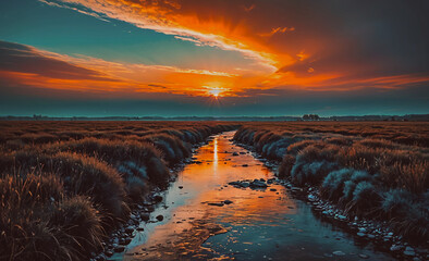 Poster - Beautiful sunset over a river with a reflection of the sun on the water. The sky is filled with clouds, creating a serene and peaceful atmosphere
