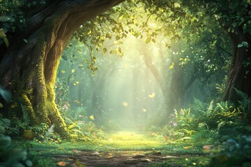 Wall Mural - enchanted forest path bathed in sunlight, moss-covered trees, lush greenery, magical atmosphere.