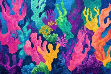 Fototapete - Vibrant coral reef illustration with textured, colorful coral formations in various shades of pink, purple, blue, green, and yellow.