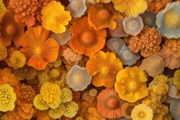 Aufkleber - A vibrant close-up of numerous orange and yellow mushrooms, showcasing their intricate textures and diverse shapes.