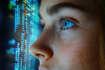Fototapete - A close-up view of a person's face, intensely focused on a screen displaying lines of code.