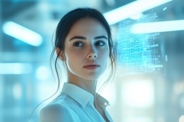 Aufkleber - A young woman looks thoughtfully at a futuristic digital interface, symbolizing technological advancement and innovation.