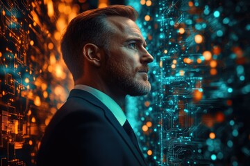 Aufkleber - A man in a suit contemplates a digital world, symbolizing the intersection of human intelligence and technology.
