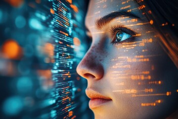 Fototapete - A woman's face is projected with digital code, symbolizing technology's integration with humanity.