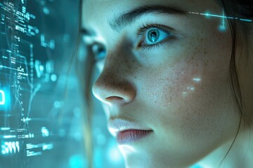 Leinwandbilder - A young woman's face is illuminated by a futuristic, data-driven interface.