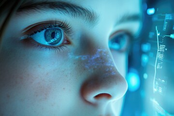 Leinwandbilder - Close-up of a young person's face, illuminated by a futuristic digital interface.